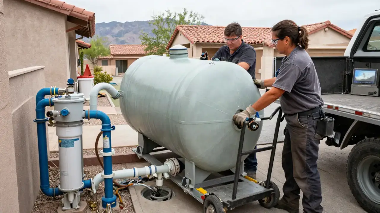 Water Softener in Queen Creek, Arizona: Two water treatment technicians working together to carefully lift a large resin