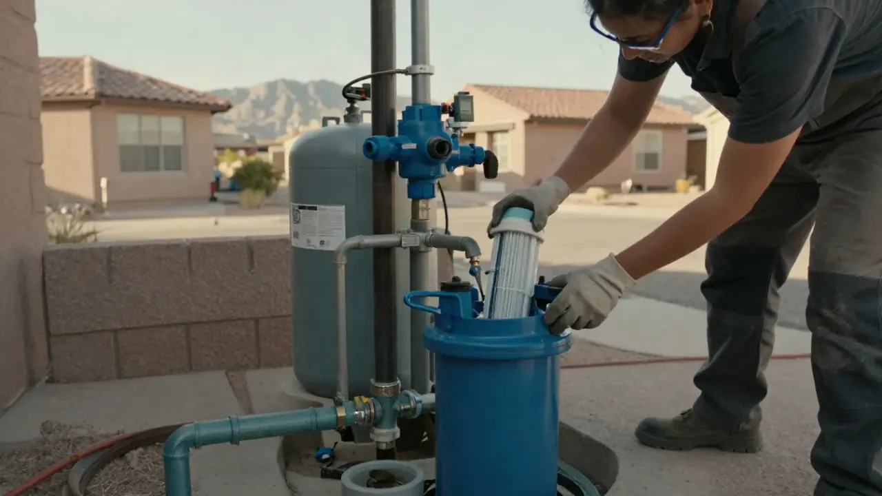 Water Softener in Queen Creek, Arizona: Close-up of a water treatment technician's hands carefully aligning a new filter