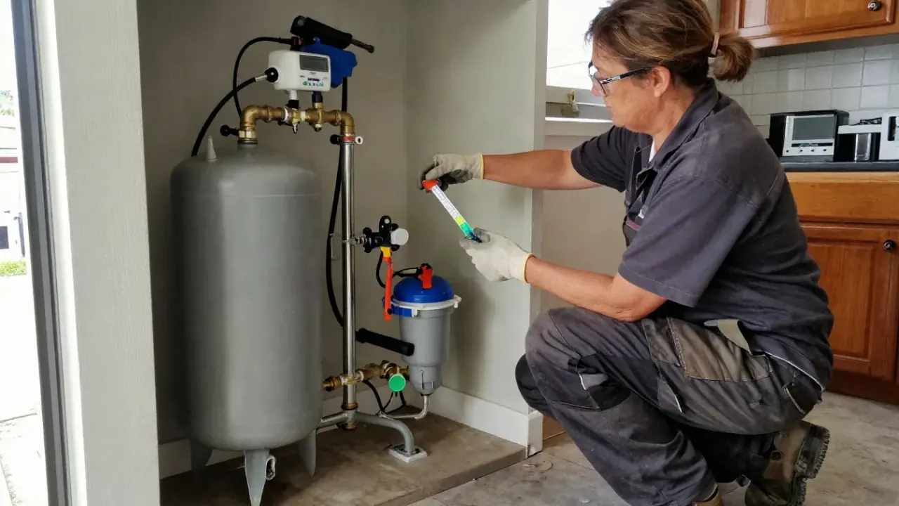 Water Softener in Queen Creek, Arizona: water treatment technician demonstrating a water hardness test result to a