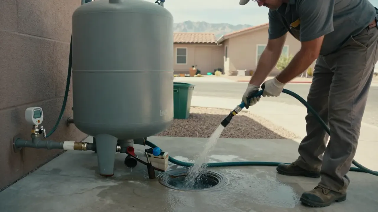 Brine Tank Cleaning in Queen Creek, Arizona: water treatment technician rinsing out the bottom of a brine tank with a garden