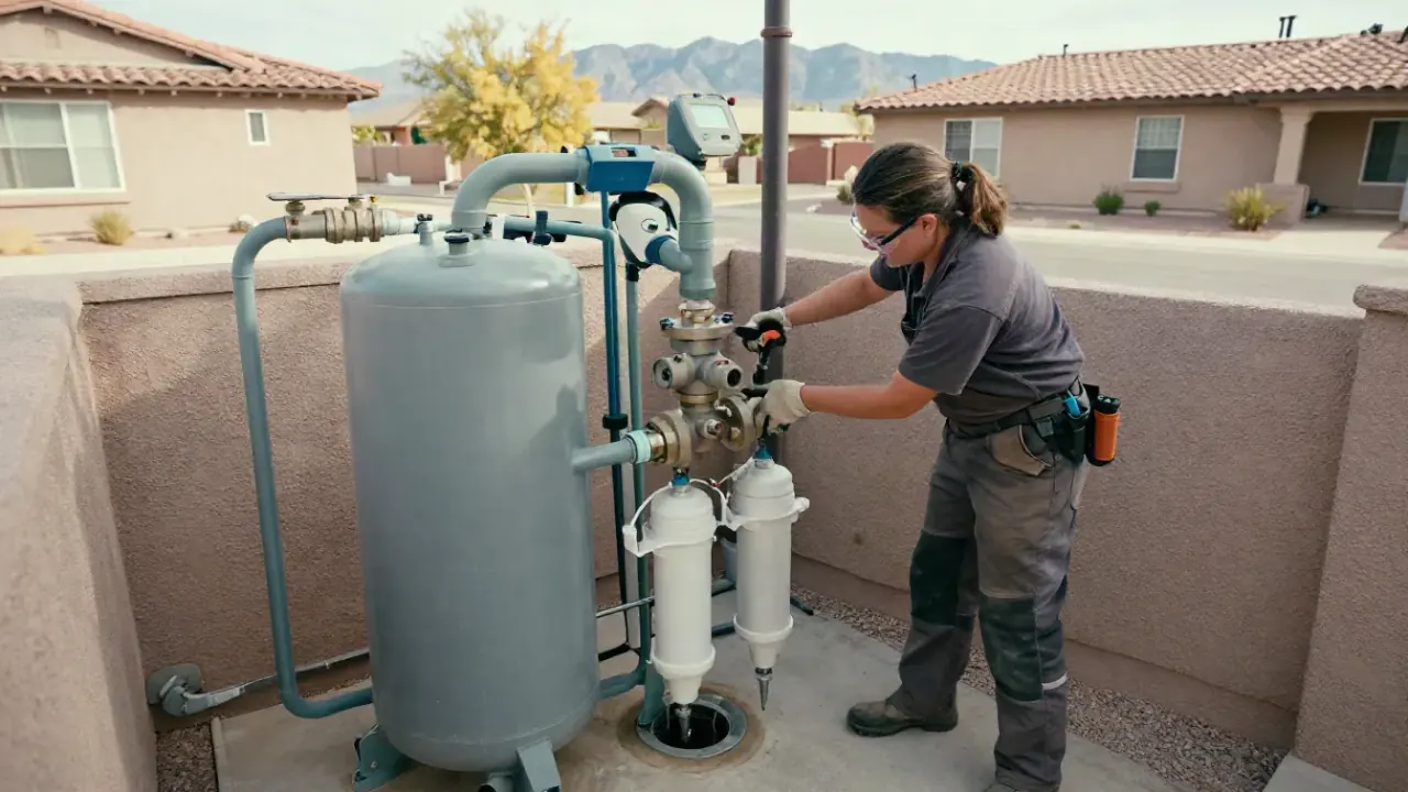 Water Softener in Queen Creek, Arizona: water treatment technician tightening a large union nut on a newly installed