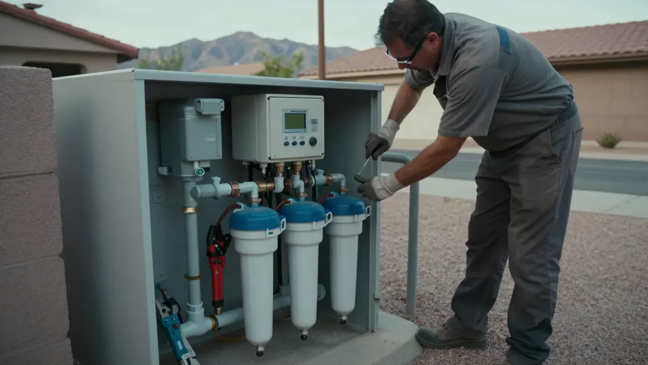 Softener Valve and Control Head Repair in Queen Creek, Arizona: water treatment technician inspecting a circuit board inside